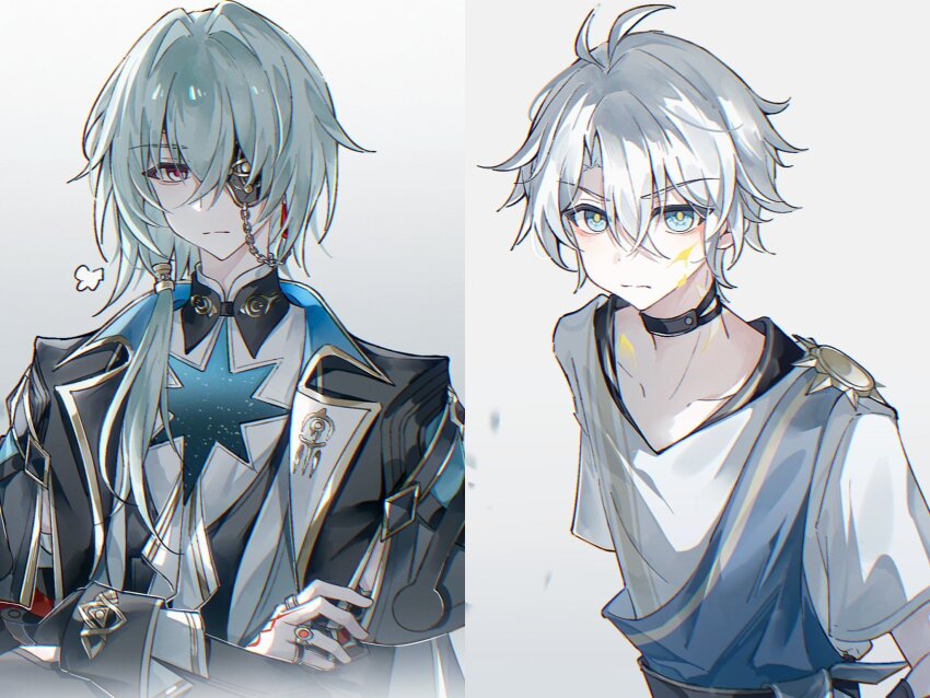 2boys anaxa_(honkai:_star_rail) black_jacket blue_eyes chain closed_mouth collarbone eyepatch highres honkai:_star_rail honkai_(series) jacket looking_at_viewer male_focus medium_hair multiple_boys one_eye_covered phainon_(honkai:_star_rail) pink_pupils shirt short_hair thorn72132528 upper_body white_background white_shirt yellow_pupils