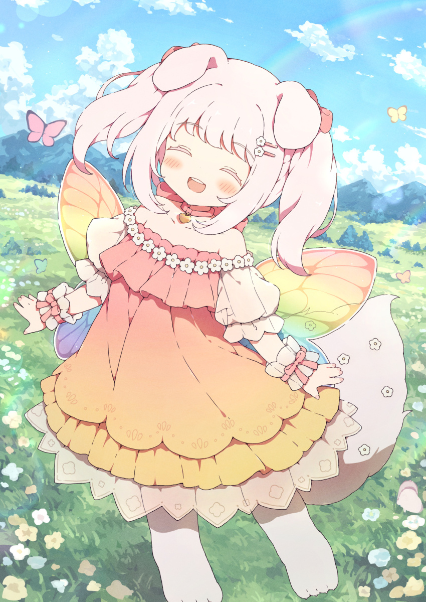 1girl ^_^ animal_ears back_bow bare_shoulders blush bow bug butterfly butterfly_wings choker closed_eyes cloud collarbone commentary commission day dog_ears dog_girl dress facing_viewer flying frilled_wrist_cuffs frills full_body gradient_clothes gradient_dress grass hair_bow hair_ornament hairclip highres insect insect_wings mountainous_horizon off-shoulder_dress off_shoulder open_mouth original outdoors pink_bow pink_butterfly pink_choker pink_dress pink_hair puffy_short_sleeves puffy_sleeves rainbow short_hair short_sleeves skeb_commission sky smile solo strapless strapless_dress tail twintails tyomimas variant_set wings wrist_cuffs yellow_butterfly yellow_dress