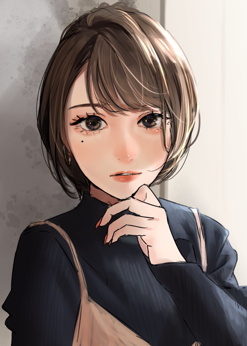 1girl black_shirt brown_camisole brown_eyes brown_hair camisole hand_on_own_chin hand_up highres lips lipstick long_sleeves looking_at_viewer makeup mole mole_under_eye nail_polish original parted_lips saitou_(lynx-shrike) shirt short_hair solo