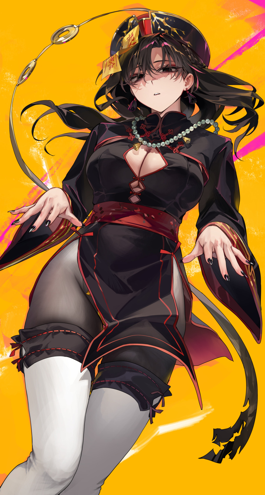 1girl black_eyes black_hair black_nails braid breasts china_dress chinese_clothes cleavage_cutout clothing_cutout commentary dress earrings fingernails hat highres jewelry jiangshi jiangshi_costume large_breasts long_fingernails long_hair nail_polish ofuda ofuda_on_head original pantyhose qingdai_guanmao sabotensuteeki solo tassel tassel_earrings thighhighs wide_sleeves