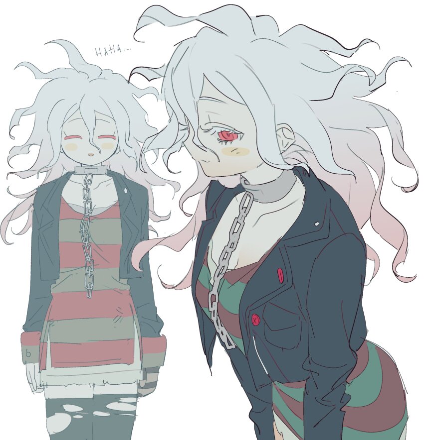 1girl absurdres arms_at_sides black_jacket black_thighhighs blush breasts chain collar collarbone cropped_jacket danganronpa_(series) danganronpa_2:_goodbye_despair facing_viewer genderswap genderswap_(mtf) grey_hair highres jacket komaeda_nagito large_breasts laz_(wancchaco) long_hair long_sleeves messy_hair metal_collar multiple_views open_clothes open_jacket red_eyes servant_(danganronpa) shirt smile striped_clothes striped_shirt thighhighs torn_clothes torn_thighhighs