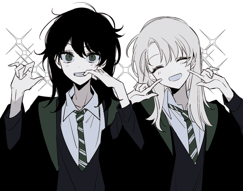 2girls ^_^ albus_severus_potter black_coat black_hair black_sweater closed_eyes coat collared_shirt facing_viewer finger_in_own_mouth fingers_to_cheek genderswap genderswap_(mtf) green_eyes green_necktie grey_hair grin hands_up harry_potter_(series) harry_potter_and_the_cursed_child head_tilt hogwarts_school_uniform locked_arms long_hair long_sleeves looking_at_viewer medium_hair messy_hair multiple_girls necktie school_uniform scorpius_malfoy shirt side-by-side slytherin smile sparkle striped_necktie sweater uchikaze white_shirt wizarding_world