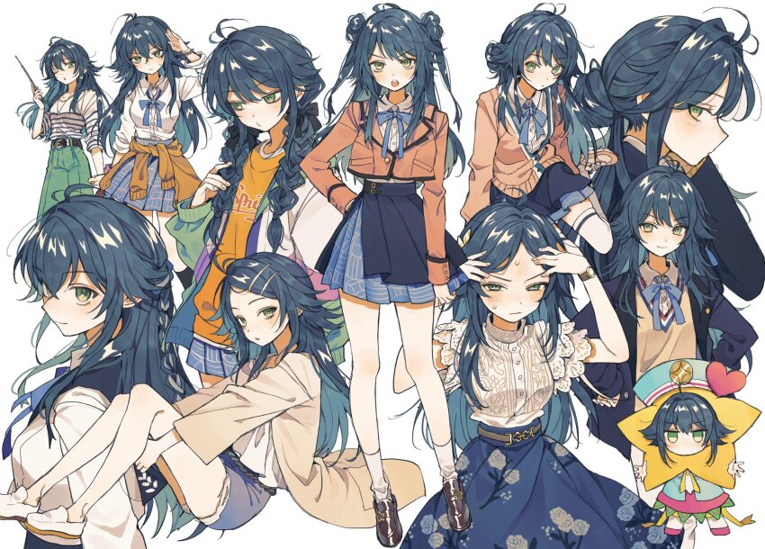 1girl :o ;o alternate_costume alternate_hairstyle antenna_hair aqua_skirt arimura_mao arimura_mao_(cosplay) averting_eyes bare_legs blazer blue_overskirt blue_ribbon blue_skirt blush braid brown_cardigan brown_jacket cardigan cardigan_around_waist chain chain_bracelet chibi clothes_around_waist collage cosplay cropped_jacket denim denim_shorts double_bun floral_print fujita_kotone fujita_kotone_(cosplay) gakuen_idolmaster green_hair gyaru hair_bun hair_flaps half_up_braid hanami_saki hanami_saki_(cosplay) hanami_ume hanami_ume_(cosplay) hatsuboshi_gakuen_school_uniform highres himesaki_rinami himesaki_rinami_(cosplay) holding holding_pointer idolmaster jacket jitome katsuragi_lilja katsuragi_lilja_(cosplay) knees_up kogal kuramoto_china kuramoto_china_(cosplay) kurodeko long_hair looking_at_viewer multicolored_jacket multiple_views neck_ribbon neo_asari neo_asari_(cosplay) o3o one_eye_closed pleated_skirt pointer profile ribbon salute school_uniform shinosawa_hiro shinosawa_hiro_(cosplay) shirt shiun_sumika shiun_sumika_(cosplay) shorts sideways_glance simple_background single_hair_bun skirt smile socks straight_hair striped_clothes striped_shirt sweatdrop swept_bangs thighhighs tsukimura_temari twin_braids two_side_up very_long_hair watch white_background white_shirt white_socks white_thighhighs wristwatch