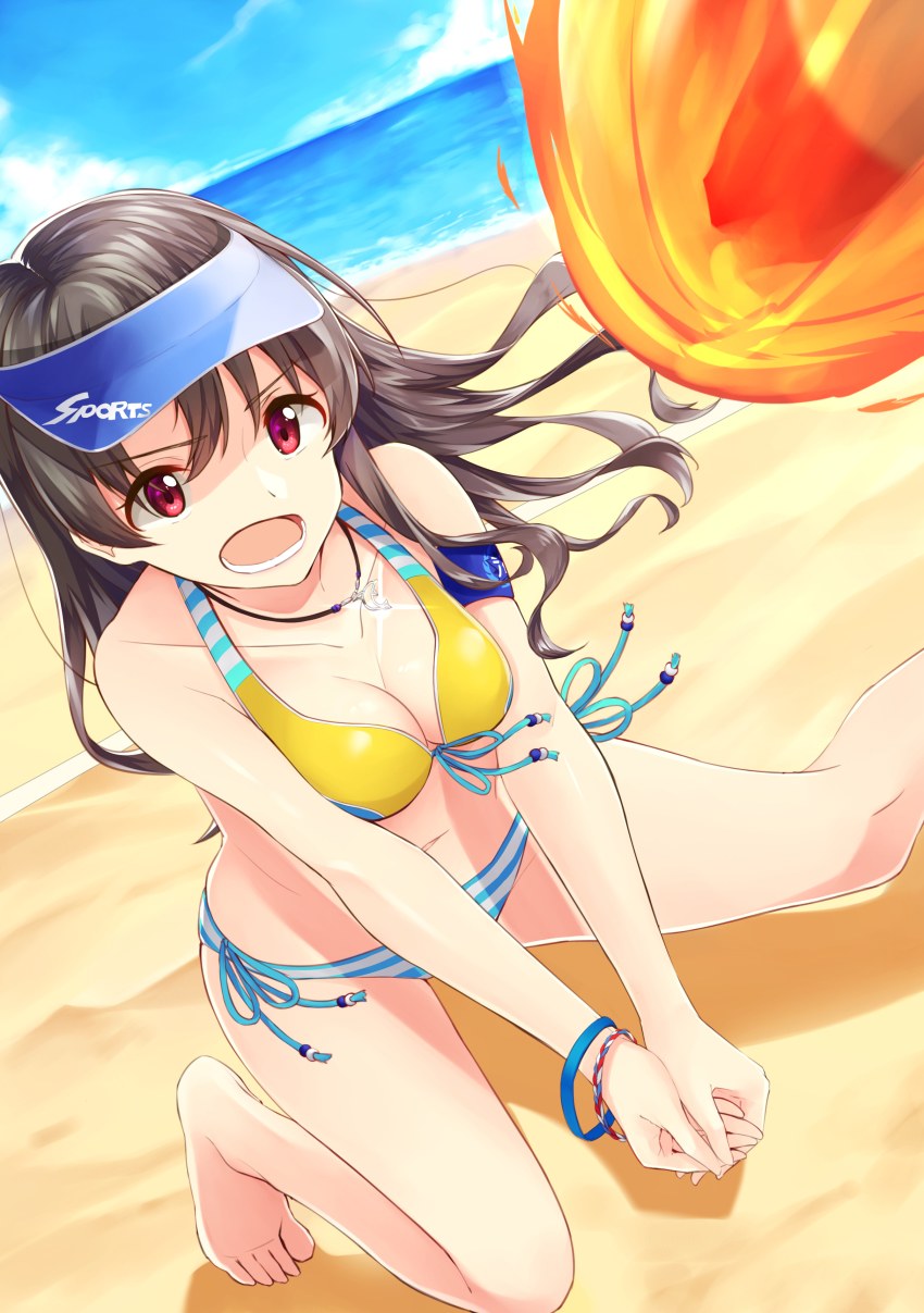 1girl absurdres armband ball beach_volleyball bikini blue_armband blue_bikini blue_hat blue_sky breasts cleavage cloud collarbone day dolphin_pendant fireball floating_hair front-tie_bikini_top front-tie_top hat highres idolmaster idolmaster_million_live! idolmaster_million_live!_theater_days medium_breasts megurumiru multicolored_bikini multicolored_bikini_top navel ocean on_one_knee open_mouth own_hands_together parted_bangs playing_sports red_eyes round_teeth sand shore side-tie_bikini_bottom sky swimsuit takayama_sayoko teeth thighs visor_cap volleyball volleyball_(object) white_bikini yellow_bikini