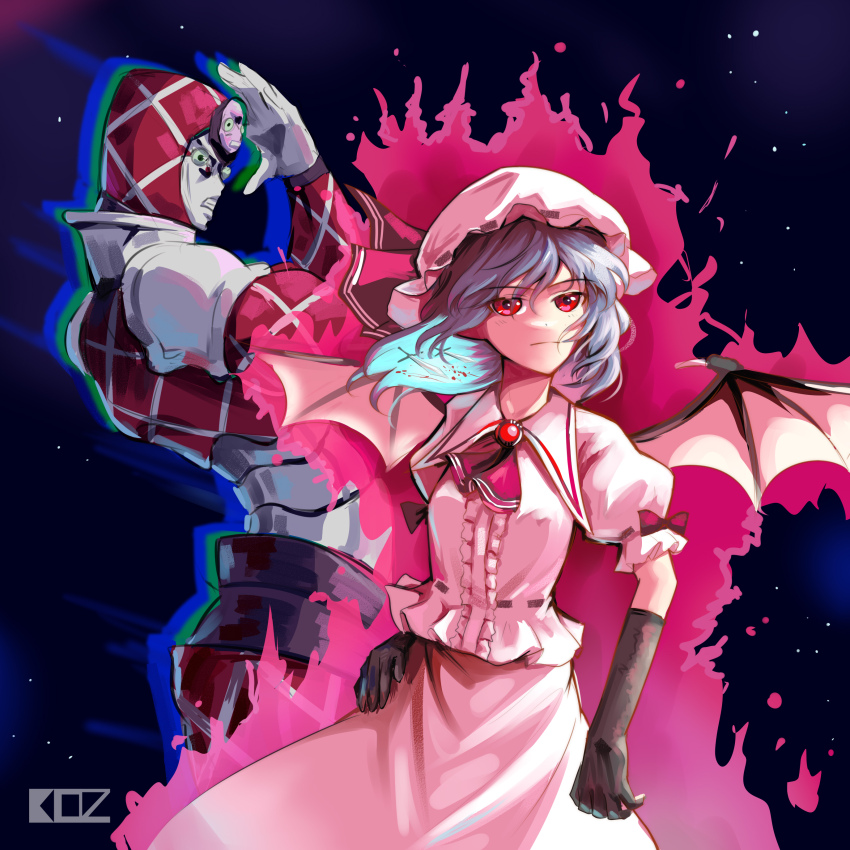 1girl absurdres artist_name ascot bat_wings black_gloves blue_hair brooch collared_shirt commentary_request edz_drawz elbow_gloves gloves hair_between_eyes hat highres jewelry jojo_no_kimyou_na_bouken jojo_pose king_crimson_(stand) long_skirt looking_at_viewer mob_cap pink_shirt pink_skirt puffy_short_sleeves puffy_sleeves red_ascot red_eyes remilia_scarlet shirt short_hair short_sleeves skirt stand_(jojo) touhou vento_aureo white_shirt white_skirt wings
