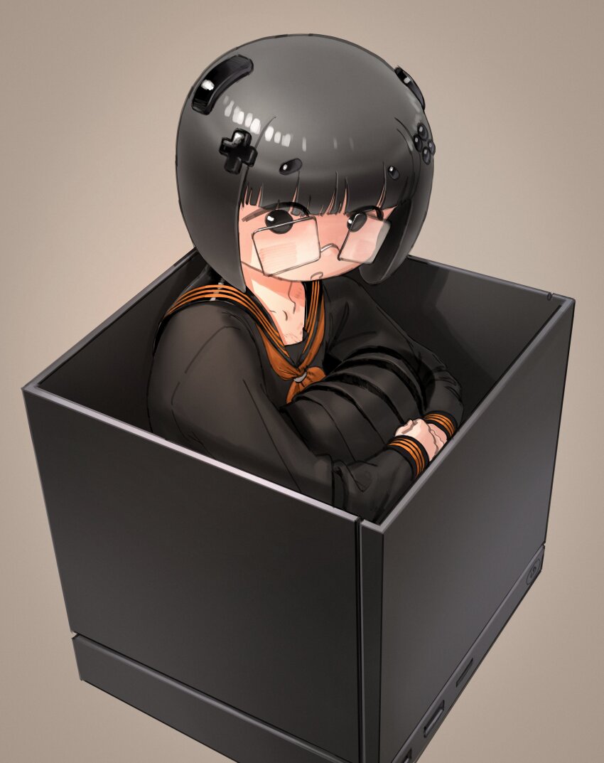 1girl :o absurdres black_eyes black_hair black_sailor_collar blunt_bangs bob_cut borrowed_character brown_background commentary d-pad d-pad_hair_ornament english_commentary glasses hair_ornament highres hugging_own_legs in_container knees_to_chest looking_at_viewer neckerchief no_sclera parted_lips personification rectangular_eyewear red_neckerchief sailor_collar school_uniform short_hair simple_background solo steam_controller steam_machine usb_port_(object) valve_corporation wass_nonnam