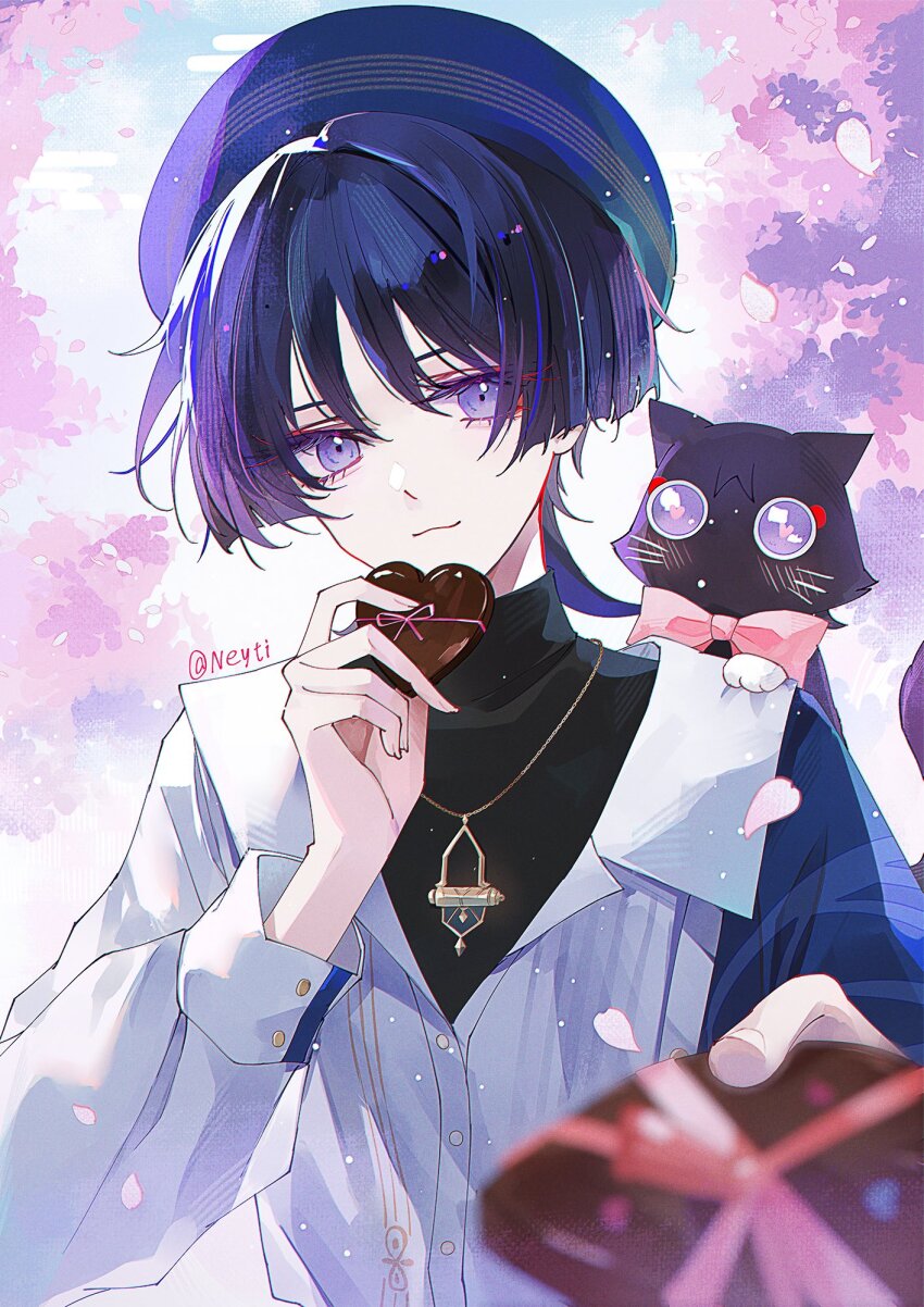1boy :3 alternate_costume animal animal_on_shoulder beret black_shirt blunt_ends candy cat cat_on_shoulder chocolate chocolate_heart closed_mouth collared_shirt contemporary eyelashes eyeliner eyeshadow falling_petals food genshin_impact gold_necklace gold_pendant gold_trim hat heart heart-shaped_food highres holding holding_chocolate holding_food incoming_gift jewelry long_sleeves looking_at_viewer makeup male_focus necklace neyti_(neytirv) outdoors petals pink_petals purple_cat purple_eyes purple_hair purple_hat red_eyeliner red_eyeshadow scaramouche_(cat)_(genshin_impact) scaramouche_(genshin_impact) shirt smile solo turtleneck turtleneck_shirt twitter_username wanderer_(genshin_impact) wanderer_(wanderer_impression)_(genshin_impact) white_shirt white_sleeves wing_collar