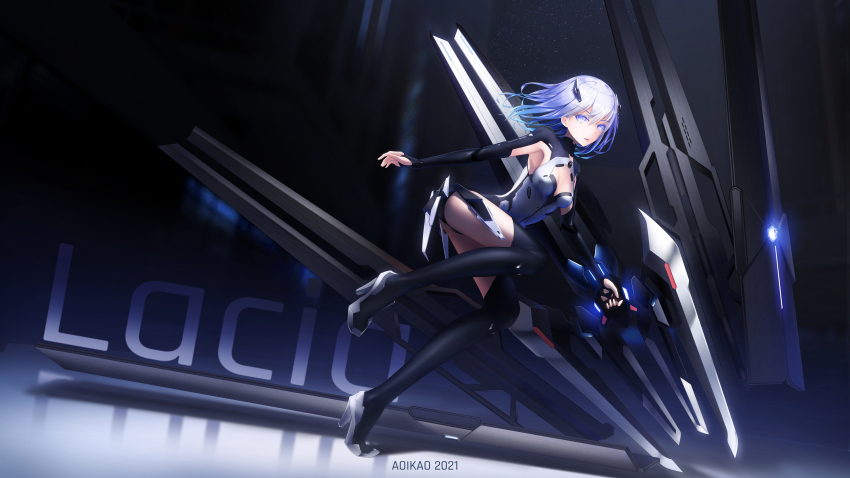1girl absurdres android aoi_kao_(lsz7106) armpit_cutout artist_name beatless blue_eyes blue_hair bodysuit character_name cleavage_cutout clothing_cutout dark_background device floating_hair full_body gradient_hair hair_ornament high_heels highres holding holding_weapon lacia_(beatless) long_hair mecha_musume multicolored_hair running thighhighs thighs three_quarter_view thumb_hole_sleeves turtleneck turtleneck_bodysuit weapon