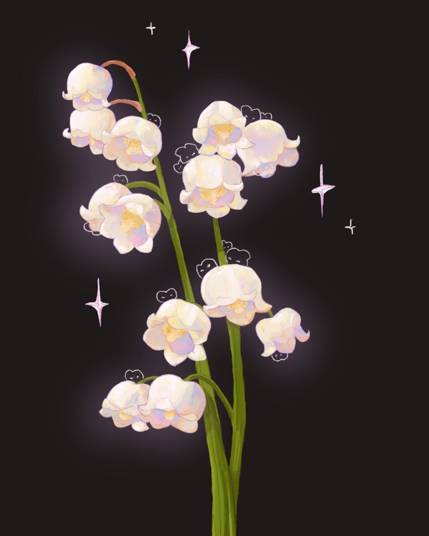 black_background flower flower_focus highres lily_of_the_valley no_humans original rokktober sparkle still_life white_flower