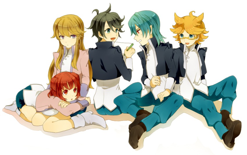 10s 2girls 3boys asagi_toshikazu breasts brown_eyes brown_hair glasses heru_(totoben) hitachi_izuru irie_tamaki kugimiya_kei large_breasts long_hair majestic_prince multiple_boys multiple_girls short_hair suruga_ataru totoben