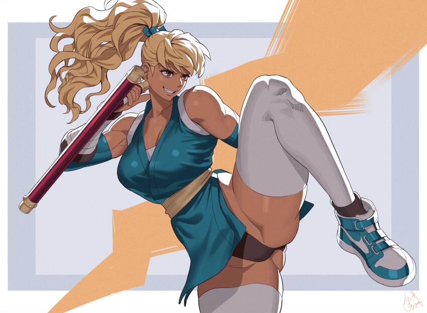 alternate_color aqua_kimono black_panties blonde_hair breasts brown_eyes cleavage dark-skinned_female dark_skin fighting_stance final_fight_2 genryuusai_maki grin highres japanese_clothes kimono large_breasts leg_up long_hair muscular muscular_female ogami panties pelvic_curtain ponytail shoes short_kimono smile sneakers thighhighs tonfa underwear weapon white_thighhighs