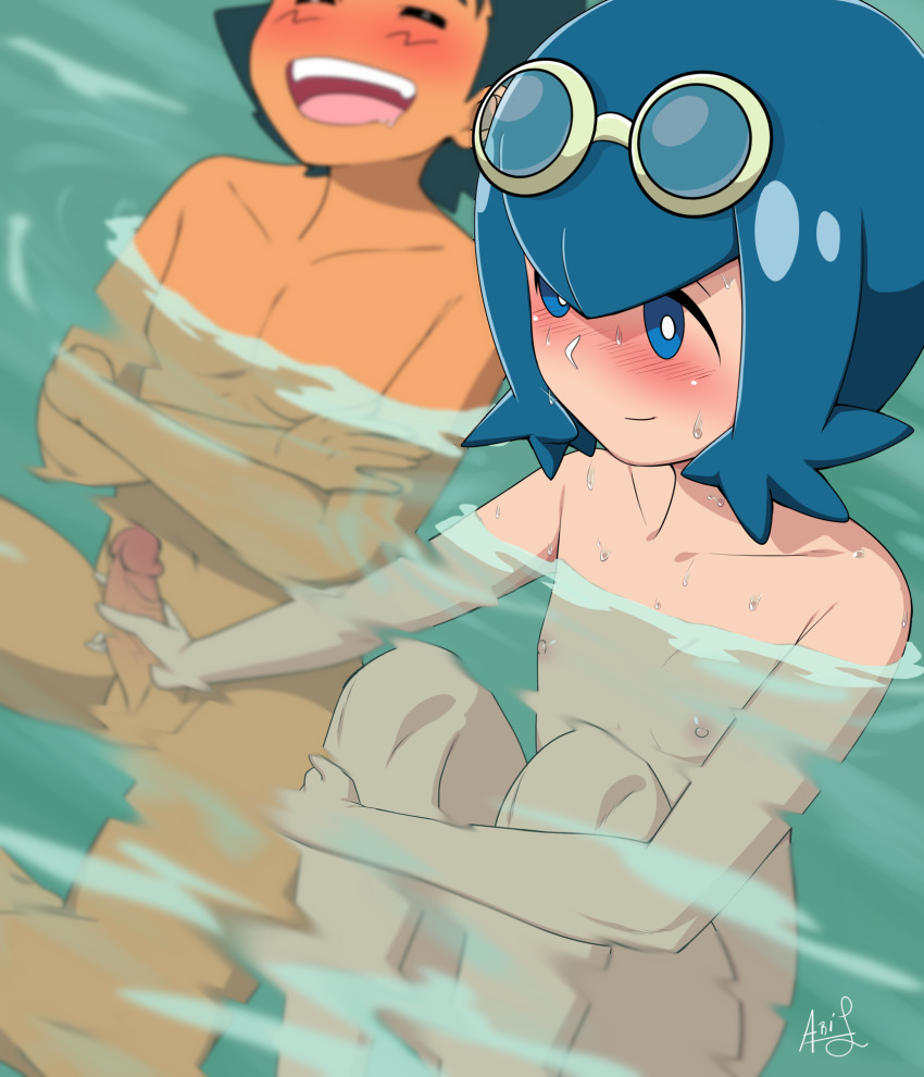 1boy 1girl ari_(ariel_lopez550) ash_ketchum bad_id bad_pixiv_id black_hair blue_eyes blue_hair blush bright_pupils closed_eyes closed_mouth collarbone completely_nude crossed_arms dark_skin erection flat_chest goggles goggles_on_head handjob happy_sex hetero highres hugging_own_legs kodomo_doushi lana_(pokemon) loli looking_at_another looking_to_the_side matching_hair/eyes mixed-sex_bathing nintendo nipples nude bad_tag open_mouth parody partially_submerged penis pokemon pokemon_(anime) pokemon_sm_(anime) shared_bathing shota sitting small_areolae small_nipples smile style_parody teeth tongue uncensored upper_teeth_only water wet