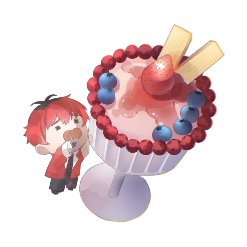 1boy ahoge arms_up black_hair black_pants blueberry chibi chibi_only commentary english_commentary fingerless_gloves food fruit gloves highres ikachyu jacket multicolored_hair open_mouth pants red_hair red_jacket short_hair simple_background single_glove sousou_no_frieren stark_(sousou_no_frieren) strawberry two-tone_hair