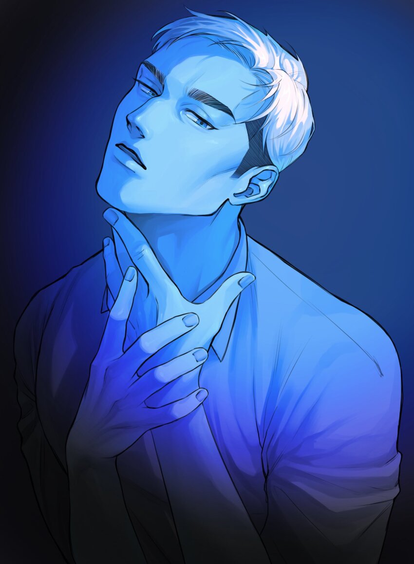 1boy blue_theme collared_shirt erwin_smith hand_on_own_neck hand_on_own_wrist head_tilt highres looking_to_the_side male_focus multicolored_hair parted_lips shingeki_no_kyojin shirt short_hair sideburns sideways_glance solo thick_eyebrows tsuru_ta two-tone_hair upper_body wing_collar