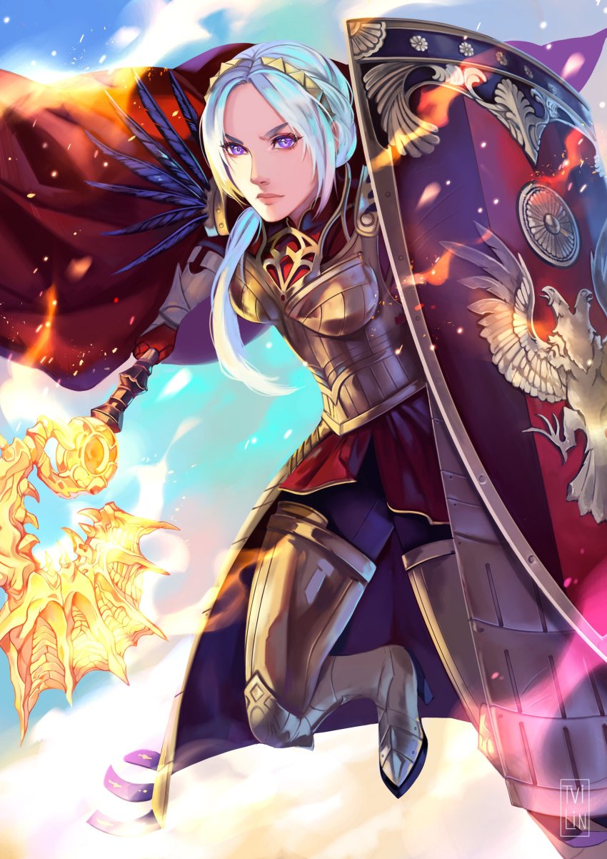 1girl absurdres armor axe aymr_(fire_emblem) breasts cape closed_mouth edelgard_von_hresvelg edelgard_von_hresvelg_(adrestian_emperor) edelgard_von_hresvelg_(timeskip) fire fire_emblem fire_emblem:_three_houses fire_emblem_warriors:_three_hopes gloves hair_ornament highres long_hair long_sleeves looking_at_viewer miss_eliott nintendo purple_eyes red_cape shield simple_background solo white_hair