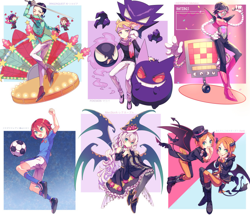 &gt;_&lt; 1girl 6+boys absurdres aoi_hinata aoi_yuta arm_up ball black_dress black_horns black_shirt blonde_hair blue_shirt blue_socks brothers brown_hair character_request chibi copyright_name demon_tail demon_wings dragon_quest dragon_quest_xi dress ensemble_stars! full_body game_freak gastly gen_1_pokemon gen_5_pokemon gengar green_eyes green_jacket grey_hair grey_pantyhose grin hair_over_one_eye hands_on_own_face hat haunter headband highres holding holding_microphone holding_shirt holding_sword holding_unworn_clothes holding_weapon horns inazuma_eleven_(series) jacket kiyama_hiroto les_tenebres_(merc_storia) litwick long_hair long_sleeves merc_storia mettaton mettaton_(box) mettaton_ex microphone morty_(pokemon) multiple_boys nagatsukiariake nintendo one_eye_closed open_mouth pants pantyhose petticoat pokemon pokemon_(creature) purple_eyes purple_headband purple_scarf rayman_limbs red_hair robot scarf sharp_teeth shirt short_hair short_sleeves siblings slit_pupils smile soccer_ball socks sword sylvia_(dq11) tail teeth twins two-tone_pants unworn_shirt very_long_hair weapon white_pants wings