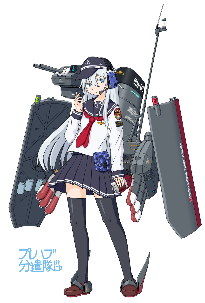 1girl absurdres anchor_symbol black_hat black_sailor_collar black_skirt black_thighhighs blue_eyes cigarette commentary_request flat_cap full_body hat headphones headset hibiki_(kancolle) highres hip_flask holding holding_cigarette kantai_collection long_hair long_sleeves neckerchief parted_lips pleated_skirt red_neckerchief rigging rudder_footwear sailor_collar samusara school_uniform serafuku shoes simple_background skirt solo standing thighhighs torpedo_tubes translation_request white_background white_hair