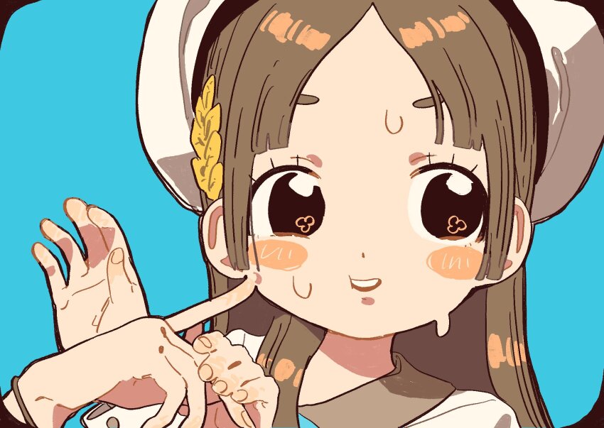 1girl 1other black_eyes blue_background blush_stickers brown_hair dot_nose facing_viewer finger_to_cheek gakuen_idolmaster hand_on_another&#039;s_hand hand_up hands_up hat highres idolmaster index_finger_raised kuramoto_china long_hair long_sleeves looking_to_the_side nama_udon no_pupils parted_bangs parted_lips rounded_corners simple_background solo_focus straight_hair sweat teeth upper_teeth_only white_hat