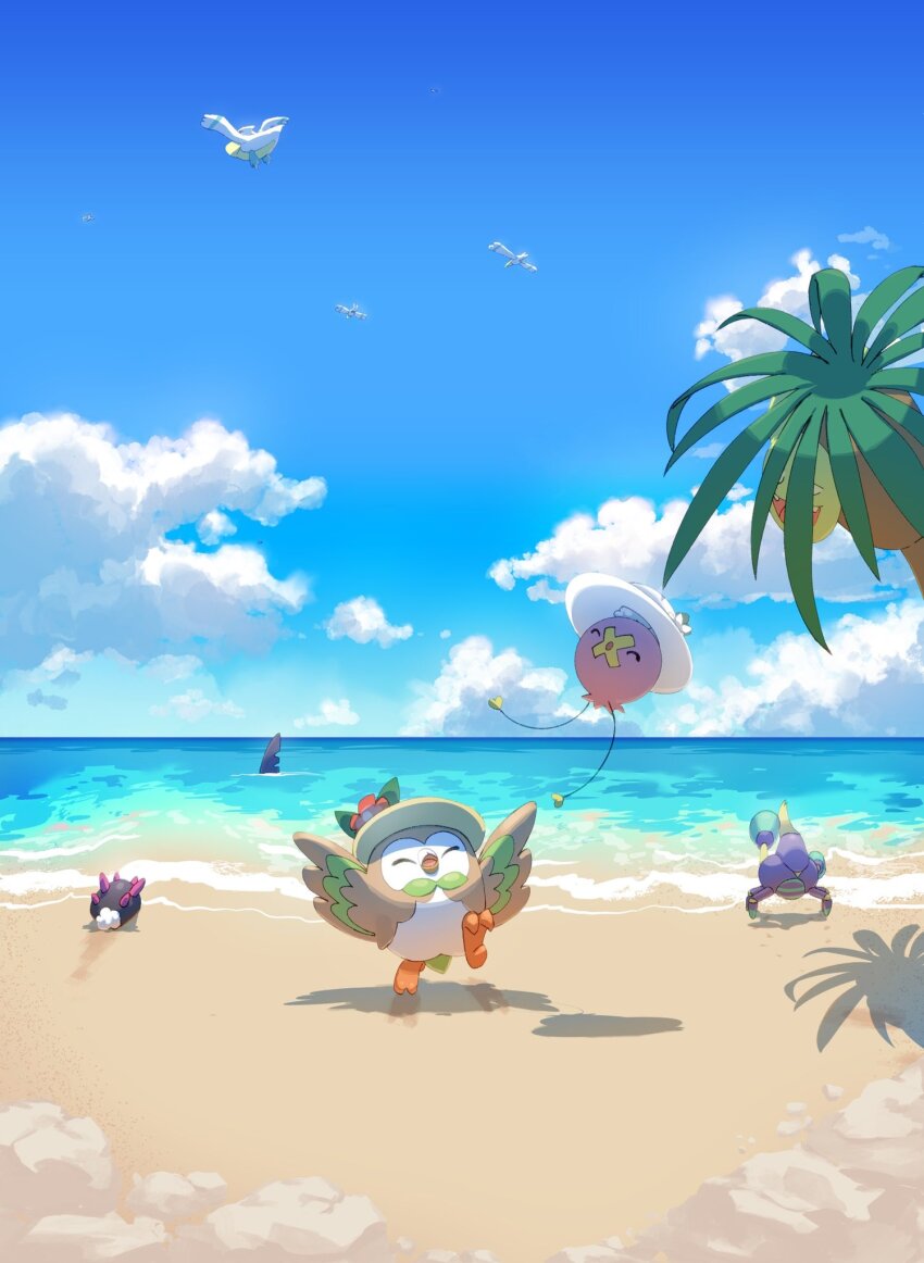 alolan_exeggutor alolan_form beach bird blue_sky clothed_pokemon cloud cloudy_sky commentary_request crabrawler day drifloon flower gen_3_pokemon gen_4_pokemon gen_7_pokemon hat hat_flower highres mokukitusui nintendo no_humans outdoors pelipper pokemon pokemon_(creature) pyukumuku red_flower rowlet sand sky water wingull yellow_headwear