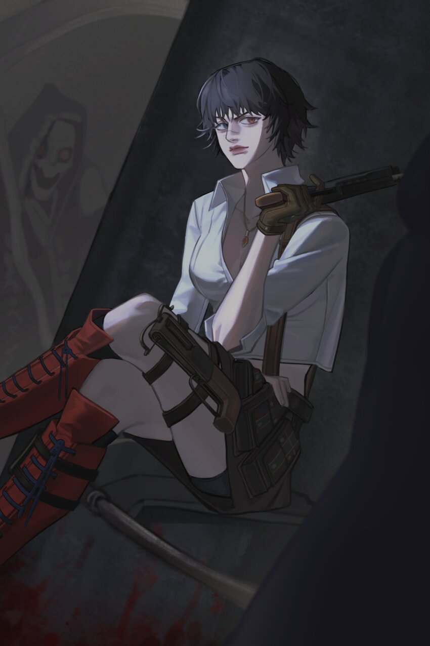 1girl absurdres black_hair boots brown_gloves crossed_legs demon devil_may_cry devil_may_cry_(series) devil_may_cry_3 gloves green_eyes gun handgun heterochromia highres holding holding_gun holding_weapon jewelry lady_(devil_may_cry) midriff necklace red_eyes shirt sitting weapon white_shirt yeo_baek