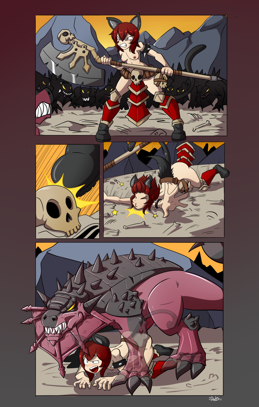 absurdres animal_ears armor armored_boots blush boots brown_eyes brown_hair cat_ears cat_girl cat_tail coloured_page comic cum cum_on_body dahs drooling fangs fleshhound highres huge_penis khorne_berserker monster nathy open_mouth penis pinned_down sex sex_from_behind short_hair sloppy spread_legs tail topless_female warhammer weapon
