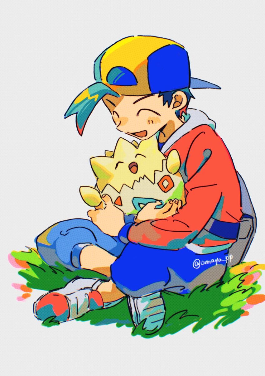 1boy :d ^_^ amaya_uw backwards_hat bag black_hair blue_pants closed_eyes commentary_request ethan_(pokemon) gen_2_pokemon grass grey_bag happy hat highres holding holding_pokemon jacket long_sleeves male_focus nintendo open_mouth pants pokemon pokemon_(creature) pokemon_hgss red_jacket shoes short_hair sitting smile togepi twitter_username watermark white_background