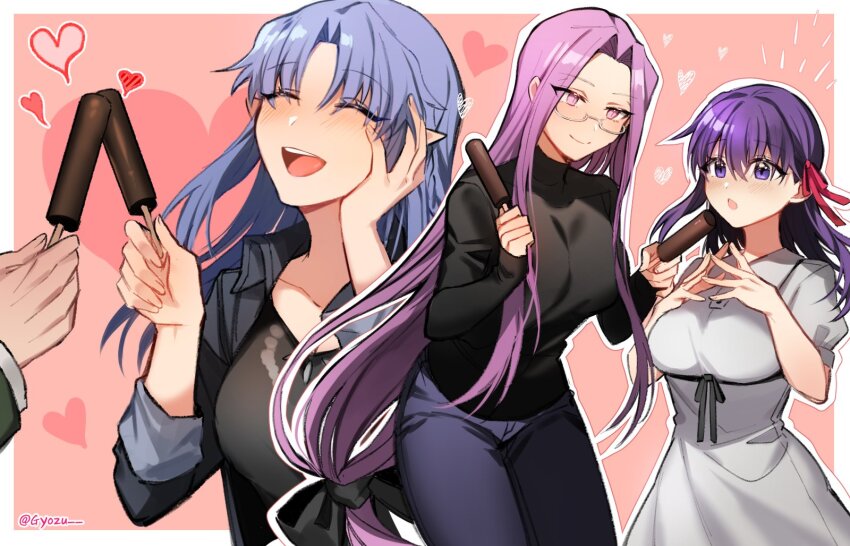 1boy 3girls black_sweater blue_hair closed_eyes denim dress fate/stay_night fate_(series) food glasses heart highres ice_cream kuzuki_souichirou long_hair matou_sakura medea_(caster)_(fate) medea_(casual_wear)_(fate) medea_(fate) medusa_(fate) medusa_(rider)_(fate) multiple_girls out_of_frame pink_eyes pointy_ears purple_eyes purple_hair rijjin smile sweater