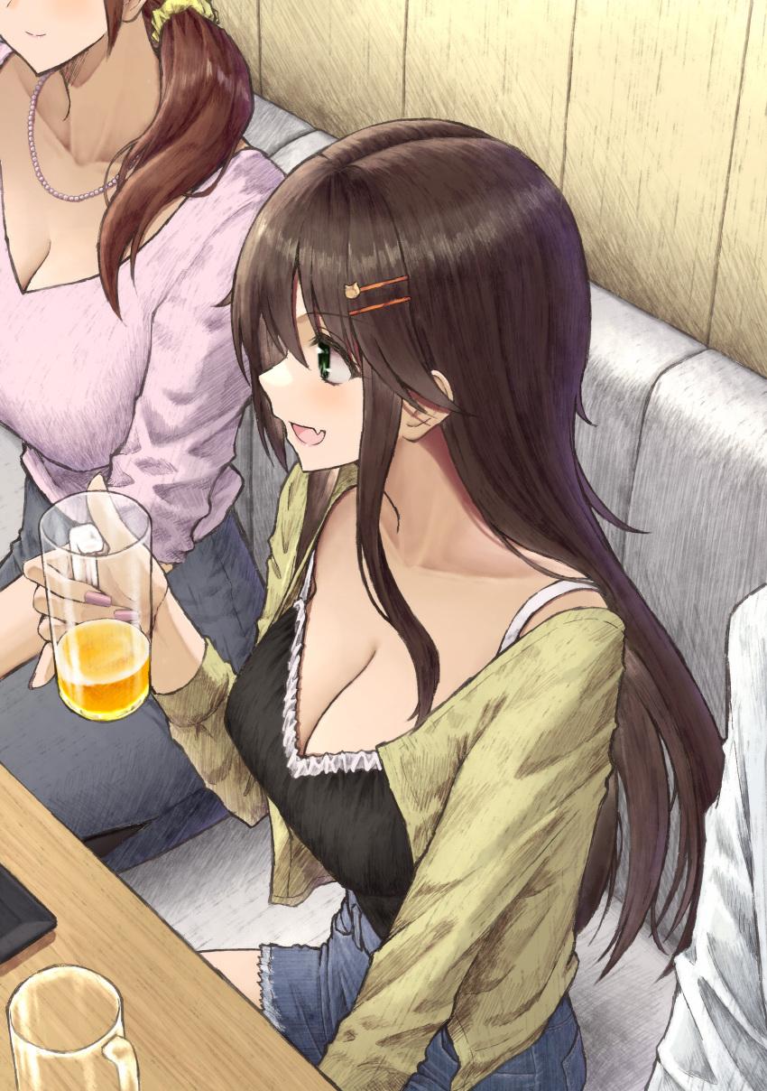 1boy 2girls absurdres aramachi black_shirt blush breasts brown_hair cardigan cleavage collarbone cup denim fang fingernails highres himekawa_yuki holding holding_cup idolmaster idolmaster_cinderella_girls jewelry kawashima_mizuki looking_ahead medium_breasts multiple_girls nail_polish necklace pink_shirt profile shirt sitting skin_fang smile solo_focus yellow_cardigan