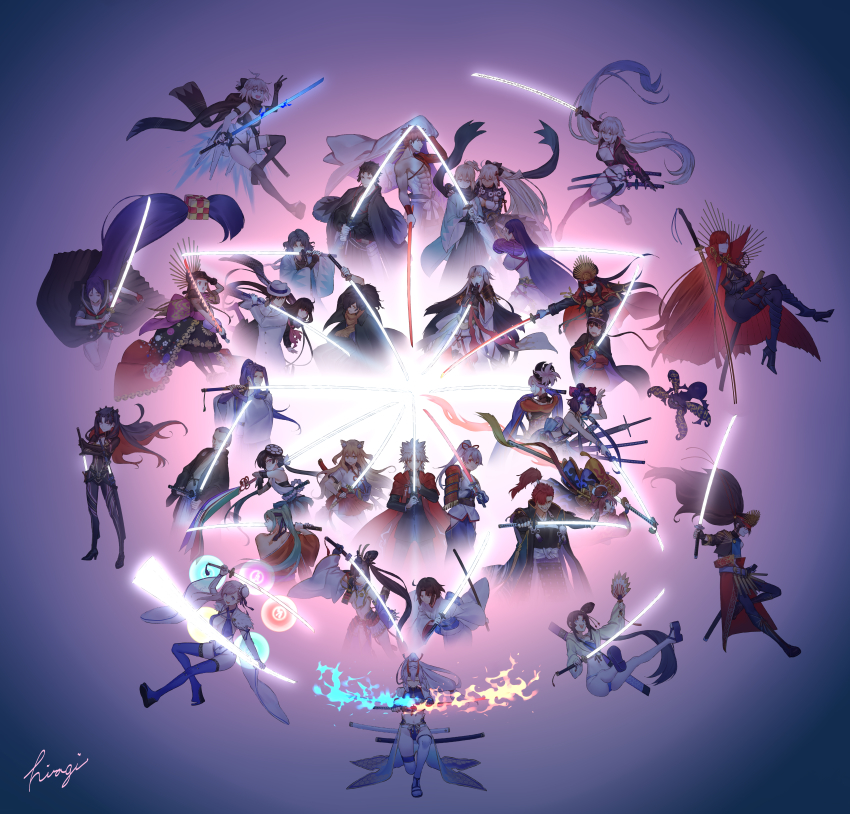 absurdres ahoge amakusa_shirou_(fate) animal_ears armor beni-enma beni-enma_(second_ascension) bikini cape chacha_(fate) crossed_arms drawing_sword eyepatch fate/grand_order fate_(series) fedora fighting_stance fire flaming_sword flaming_weapon fox_ears glowing glowing_sword glowing_weapon goggles goggles_on_head grin hand_fan haori hat headband highres hiiragi_(karashriker) hijikata_toshizou_(fate) holding holding_sword holding_weapon huge_filesize ishtar_(fate) japanese_clothes jeanne_d&#039;arc_(fate) jeanne_d&#039;arc_alter_(fate) jeanne_d&#039;arc_alter_(swimsuit_berserker)_(fate) katana katsushika_hokusai_(fate) katsushika_hokusai_(swimsuit_saber)_(fate) long_hair low-tied_long_hair minamoto_no_raikou_(fate) minamoto_no_raikou_(fate/grand_order) minamoto_no_raikou_(swimsuit_lancer)_(fate) minamoto_no_raikou_(swimsuit_lancer)_(second_ascension)_(fate) miyamoto_musashi_(fate) miyamoto_musashi_(fate/grand_order) miyamoto_musashi_(swimsuit_berserker)_(fate) miyamoto_musashi_(swimsuit_berserker)_(third_ascension)_(fate) miyamoto_musashi_(third_ascension)_(fate) mochizuki_chiyome_(fate) mori_nagayoshi_(fate) nagao_kagetora_(fate) oda_kippoushi_(fate) oda_nobukatsu_(fate) oda_nobunaga_(fate) oda_nobunaga_(koha-ace) oda_nobunaga_(maou_avenger)_(fate) okada_izou_(fate) okita_j._souji_(fate) okita_j._souji_(first_ascension)_(fate) okita_souji_(fate) okita_souji_(koha-ace) okita_souji_alter_(fate) oryou_(fate) ponytail ryougi_shiki saitou_hajime_(fate) saitou_hajime_(third_ascension)_(fate) sakamoto_ryouma_(fate) sasaki_kojirou_(fate) scarf senji_muramasa_(fate) sheath side_ponytail smile space_ishtar_(fate) space_ishtar_(first_ascension)_(fate) suzuka_gozen_(fate) swimsuit sword tawara_touta_(fate) thighhighs tokitarou_(fate) tomoe_gozen_(fate) tomoe_gozen_(swimsuit_saber)_(fate) tomoe_gozen_(swimsuit_saber)_(third_ascension)_(fate) ushiwakamaru_(fate) ushiwakamaru_(fate/grand_order) ushiwakamaru_(swimsuit_assassin)_(fate) ushiwakamaru_(swimsuit_assassin)_(first_ascension)_(fate) v weapon weapon_connection yagyuu_munenori_(fate)