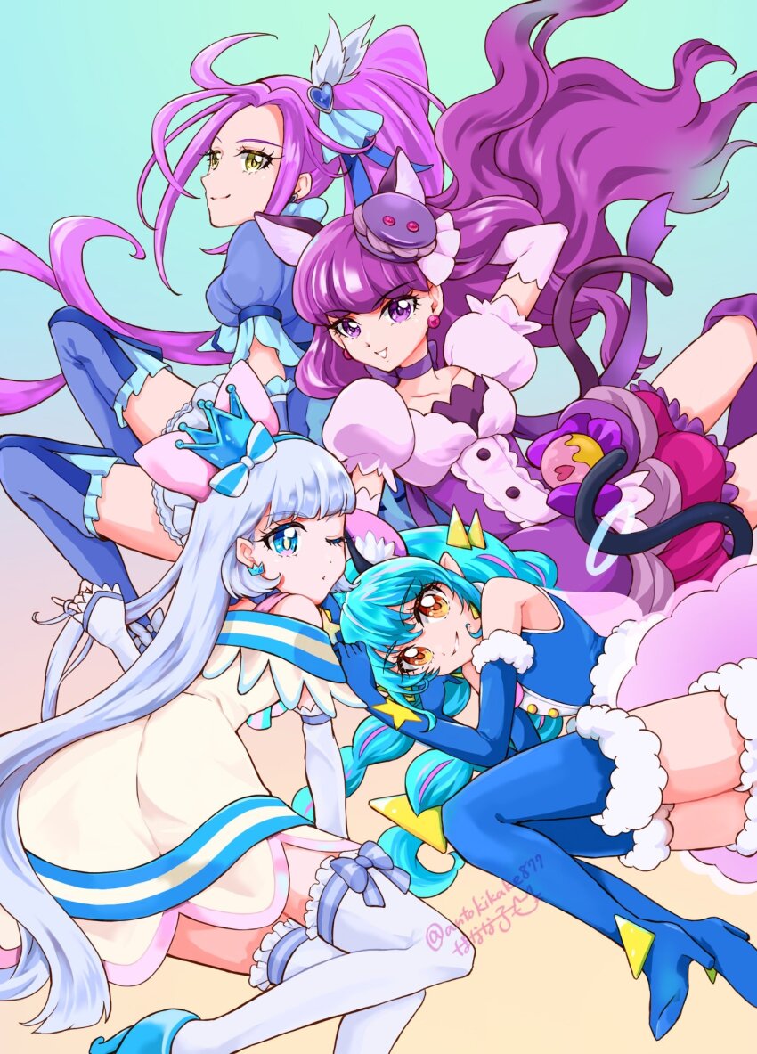 4girls animal_ears blue_boots blue_eyes blue_gloves blue_hair boots bow cat_day cat_ears cat_girl cat_tail character_request choker copyright_request crown_earrings cure_beat cure_cosmo cure_macaron cure_nyammy dress earrings food-themed_hair_ornament gloves hair_ornament hairband heart highres jewelry kirakira_precure_a_la_mode kotozume_yukari long_hair looking_at_viewer macaron_hair_ornament magical_girl multiple_girls orange_eyes precure purple_eyes purple_hair purple_tail smile sonna877san star_twinkle_precure suite_precure tail tail_ornament tail_ring thigh_boots thighhighs trait_connection wavy_hair white_thighhighs wonderful_precure!