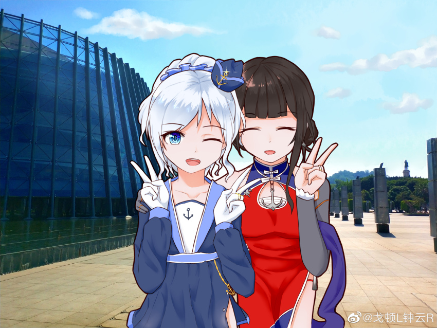 2girls ;d absurdres black_hair blue_eyes blue_sky china_dress chinese_clothes closed_eyes cloud day double_v dress gedun_zhongyun gloves hair_bun hair_ornament highres looking_at_viewer multiple_girls one_eye_closed open_mouth outdoors red_dress short_hair sigsbee_(warship_girls_r) single_hair_bun sky smile v warship_girls_r watermark weibo_watermark white_gloves white_hair yat_sen_(warship_girls_r)