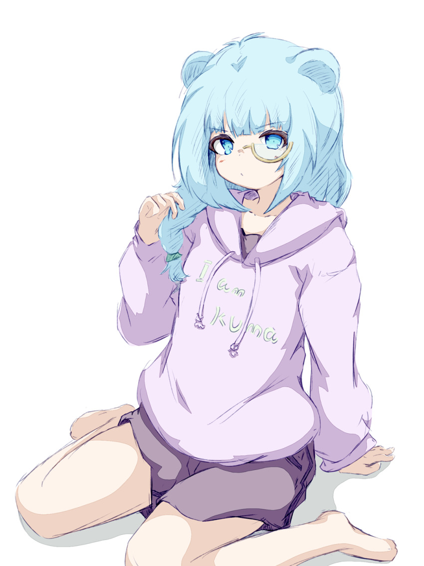 1girl alternate_costume animal_ears arknights barefoot blue_eyes blue_hair braid highres idochan istina_(arknights) light_blue_hair long_hair long_sleeves looking_at_viewer monocle purple_sweater side_braid simple_background skirt solo sweater white_background