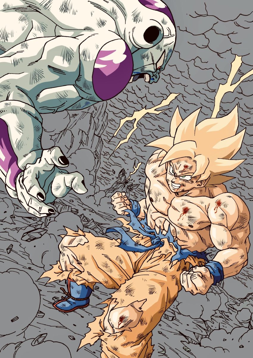 2boys abs anger_vein angry blonde_hair blood blood_on_face blue_footwear boots clenched_hands clenched_teeth cloud cloudy_sky collarbone destruction dirty dirty_clothes dirty_face dougi dragon_ball dragonball_z dust dutch_angle electricity fingernails floating_rock flying frieza from_above frown full_power_frieza furious green_eyes grey_background grin highres lee_(dragon_garou) lightning lightning_bolt_symbol looking_at_another looking_down male_focus monochrome mountain multiple_boys muscular nipples open_mouth partially_colored pectorals profile red_eyes rock shaded_face shirt simple_background sky smile son_goku spiked_hair super_saiyan super_saiyan_1 teeth torn_clothes torn_legwear torn_shirt v-shaped_eyebrows veins wristband