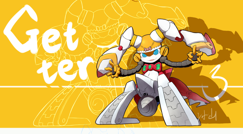 bingshan blue_eyes bow colored_skin cone drill getter-3 getter_robo hard_hat helmet highres looking_at_viewer mechanical_arms mechanical_hair mechanical_legs multiple_legs navel object_on_head panties panties_on_head personification pink_bow robot twintails underwear white_skin yellow_background