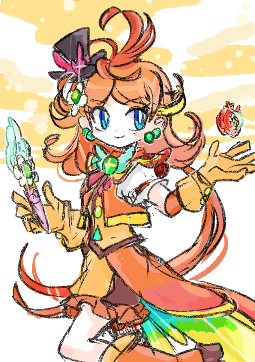 1girl absurdres blue_eyes boots bright_pupils brooch closed_mouth commentary_request cosplay cure_wing cure_wing_(cosplay) earrings floating floating_object flower gloves hair_flower hair_ornament hat highres hirogaru_sky!_precure jewelry leg_up long_hair looking_to_the_side mario_(series) mini_hat mini_top_hat nintendo orange_boots orange_gloves orange_hair precure princess_daisy rakugaki_shitagari-ya short_sleeves solo top_hat two-tone_background white_background white_pupils yellow_background