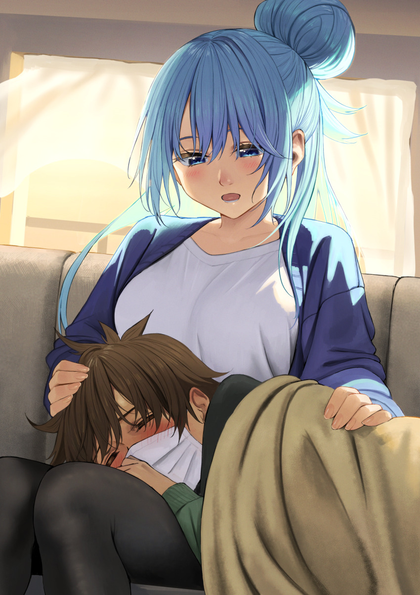 1boy 1girl alternate_costume aqua_(konosuba) black_pantyhose blue_cardigan blue_hair blush breasts brown_hair cardigan collarbone commentary_request contemporary ear_blush feet_out_of_frame fingernails hair_bun hand_on_another&#039;s_head hetero highres huge_hair_bun indoors izawa_(bhive003) kono_subarashii_sekai_ni_shukufuku_wo! lap_pillow large_breasts long_hair looking_at_another lying mask mouth_mask on_side pantyhose satou_kazuma shirt sick single_hair_bun sitting smile white_mask white_shirt