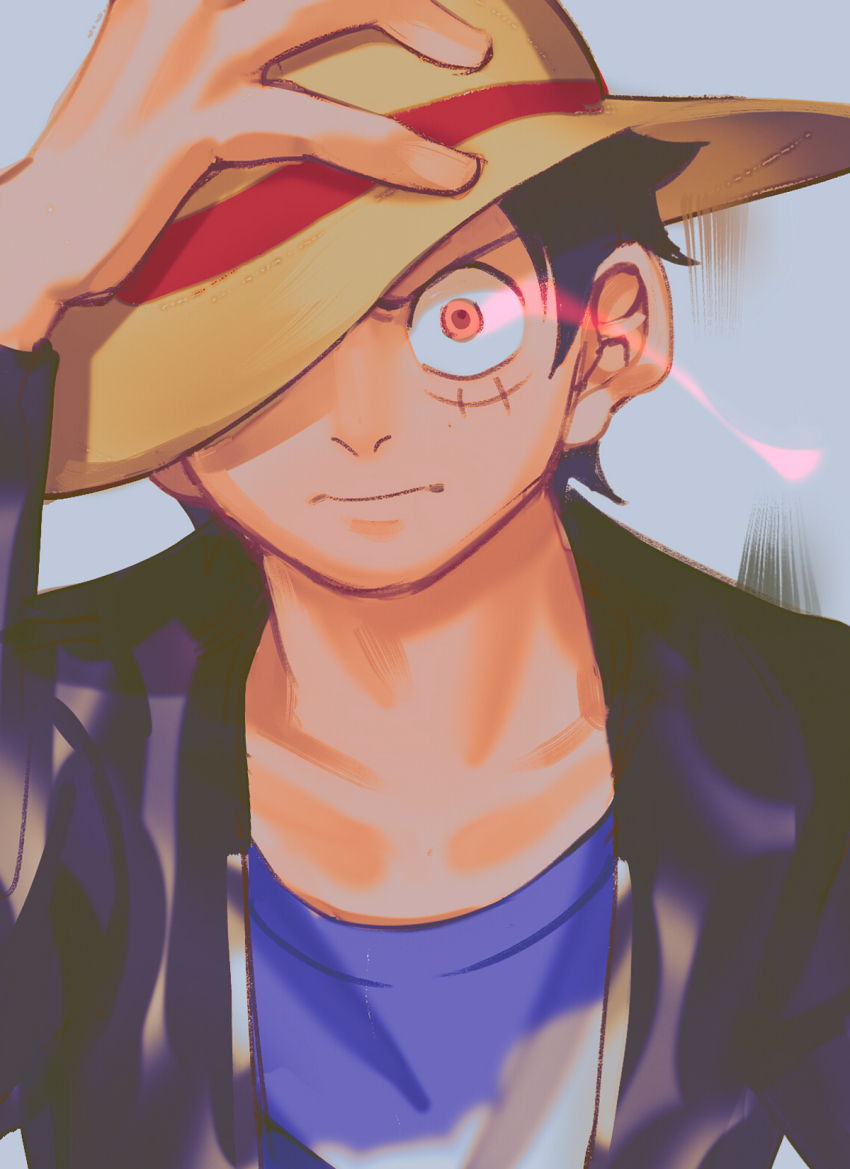 1boy black_hair black_jacket blue_shirt closed_mouth commentary_request glowing glowing_eyes hand_on_headwear hat highres jacket long_sleeves looking_at_viewer male_focus monkey_d._luffy official_alternate_costume one_piece one_piece_film:_z open_clothes open_jacket pandar_op red_eyes scar scar_across_eye scar_on_face serious shirt short_hair solo straw_hat upper_body