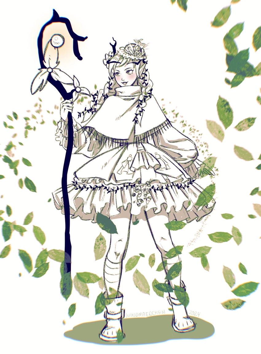 1girl absurdres afk_(series) afk_journey braid brown_eyes capelet dress elf flower frilled_dress frills full_body grin hair_flower hair_ornament headpiece highres holding holding_staff juliet_sleeves leaf long_hair long_sleeves looking_to_the_side muted_color orb parisa_(afk) pointy_ears puffy_sleeves side_braids smile solo staff standing white_background windmaedchen