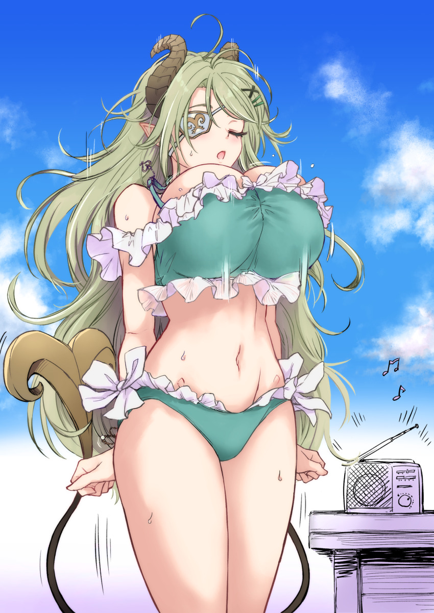 1girl alternate_costume bikini blue_sky blush bouncing_breasts breasts brown_horns closed_eyes cloud commentary_request cowboy_shot curled_horns day demon_girl demon_horns demon_tail exercising eyelashes eyepatch frilled_bikini frills green_bikini green_hair hair_ornament hairpin highres horns huge_breasts jumping jyaco long_hair motion_lines multiple_hairpins musical_note nanashi_inc. navel open_mouth outdoors pointy_ears radio radio_exercises sekishiro_mico sky solo stomach sweat swimsuit tail textless_version variant_set very_long_hair virtual_youtuber x_hair_ornament