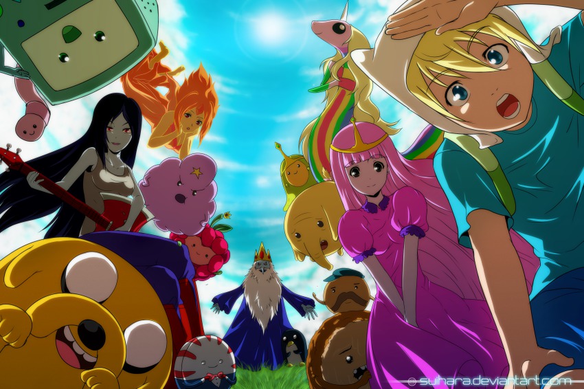 6+girls absurdres adventure_time blonde_hair blue_eyes bmo bow bowtie cartoon_network cinnamon_bun_(adventure_time) cloud creature crown dog earthworm electric_guitar elephant facial_hair finn_the_human flame_princess flying guitar gunter_(adventure_time) highres ice_king instrument jake_(adventure_time) lady_rainicorn long_hair looking_at_viewer lumpy_space_princess marceline_abadeer multiple_boys multiple_girls mustache open_mouth outdoors peppermint_butler pink_hair princess princess_bonnibel_bubblegum puffy_sleeves shelby_(adventure_time) short_hair sky slime_princess smile starchy suihara sun tree_trunks v_arms vampire very_long_hair wildberry_princess