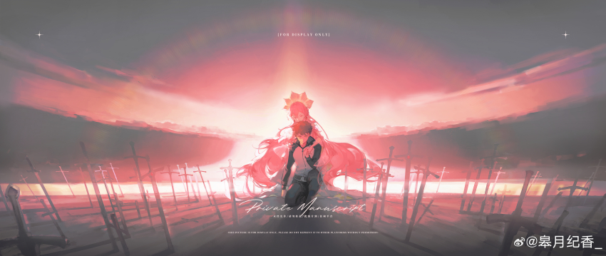 1girl absurdres black_jacket blush bow closed_eyes couple emiya_shirou fate/stay_night fate_(series) field_of_blades gaoyue_jixiang hair_ornament highres hug hug_from_behind igote jacket kanshou_&amp;_bakuya_(fate) long_hair multiple_swords non-web_source oc_x_canon orange_hair original pink_eyes pink_hair planted planted_sword planted_weapon raglan_sleeves red_hair ribbon smile sword too_many_weapons twintails unlimited_blade_works_(reality_marble) watermark weapon weibo_watermark