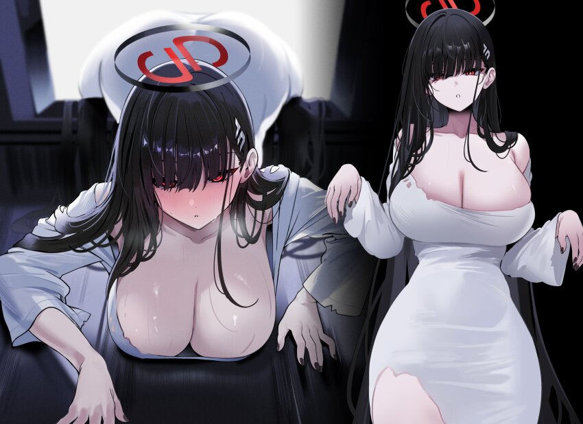 1girl absurdres black_hair black_halo black_nails blue_archive breasts bright_pupils cleavage commentary cosplay dress fingernails ghost_costume hair_ornament hairpin halo heavy_breathing highres large_breasts long_hair looking_at_viewer multiple_views nail_polish red_eyes rio_(blue_archive) shiny_skin skindentation symbol-only_commentary the_ring through_medium through_screen very_long_hair white_dress white_pupils yamamura_sadako yamamura_sadako_(cosplay) yuki_(asayuki101)