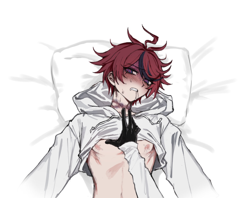 2boys ahoge aotsuki_eito black_gloves black_hair blue_eyes blush clothes_lift commentary english_commentary gloves highres hood hoodie long_sleeves looking_at_viewer lying multicolored_hair multiple_boys nipples on_back pill pov pov_hands red_hair red_pupils saliva shirt shirt_lift simple_background strangulation_mark streaked_hair sumino_takumi the_hundred_line_-last_defense_academy- tsu_(lovesick1964) upper_body white_background white_hoodie white_shirt yaoi