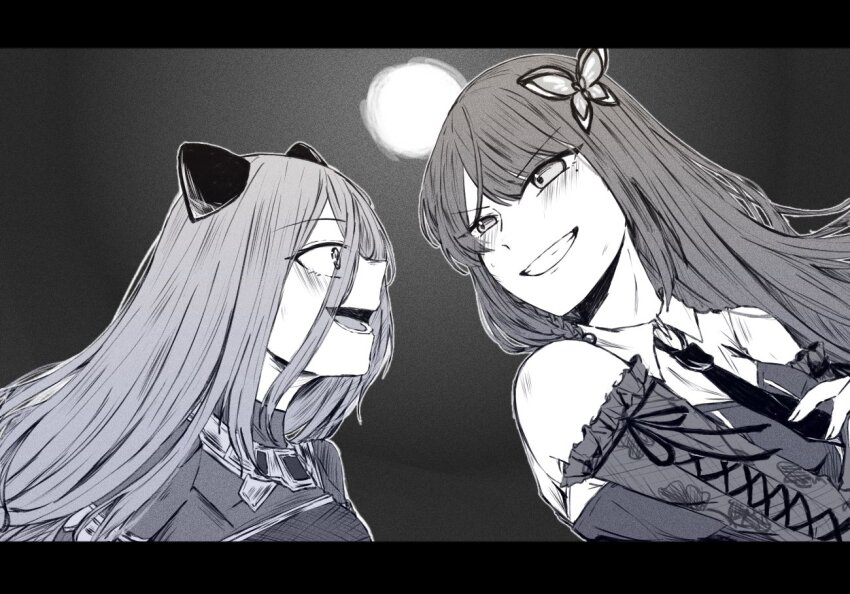 2girls assault_lily bare_shoulders blush braid breasts bruise bruise_on_face bruise_on_shoulder butterfly_hair_ornament collared_shirt commentary cross-laced_clothes cross-laced_sleeves detached_sleeves eye_contact eyes_visible_through_hair face-to-face floral_print from_side full_moon funada_kiito greyscale grin hair_between_eyes hair_ornament hairpods half-closed_eyes hand_up injury letterboxed long_bangs long_hair looking_at_another looking_to_the_side lower_teeth_only medium_breasts mole mole_under_eye monochrome moon multiple_girls necktie nigari_(ngari_0115) night odaiba_girls_high_school_uniform open_mouth outdoors parted_lips print_sleeves school_uniform shiba_tomoshibi shirt side_braid single_braid sleeveless sleeveless_shirt smile sweatdrop symbol-only_commentary teeth uneven_eyes upper_body v-shaped_eyebrows wide-eyed