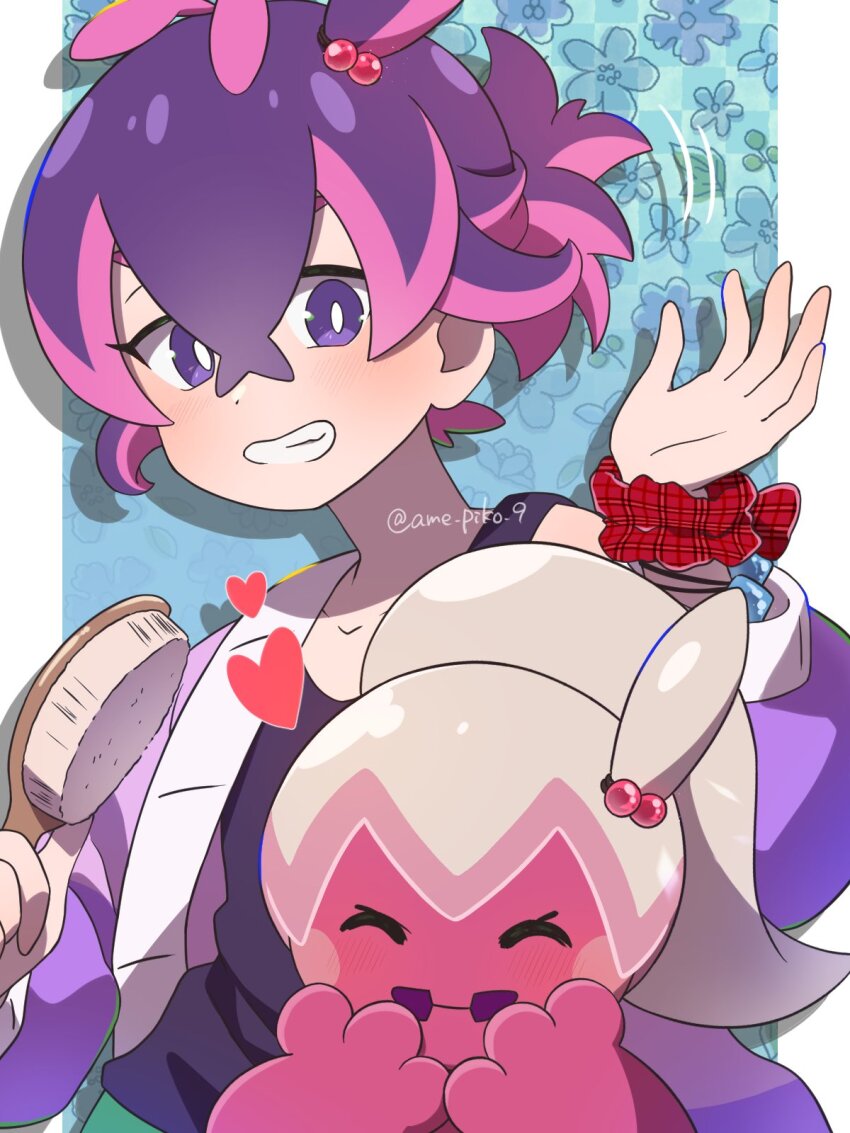 1girl amedamaneko black_hair blush closed_eyes closed_mouth colored_skin comb dot_(pokemon) hair_ornament hair_over_eyes heart highres holding jacket long_hair long_sleeves nintendo open_clothes open_mouth pink_hair pink_skin pokemon pokemon_(anime) pokemon_(creature) pokemon_horizons ponytail purple_eyes purple_hair shirt short_hair smile tank_top tinkatuff