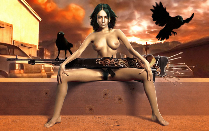 1girl 3d alicia_(bullet_witch) aq_interactive bird breasts bullet_witch car cavia female_focus female_pubic_hair gun large_breasts mole motor_vehicle nipples nude outdoors pubic_hair sky solo spread_legs sunset weapon