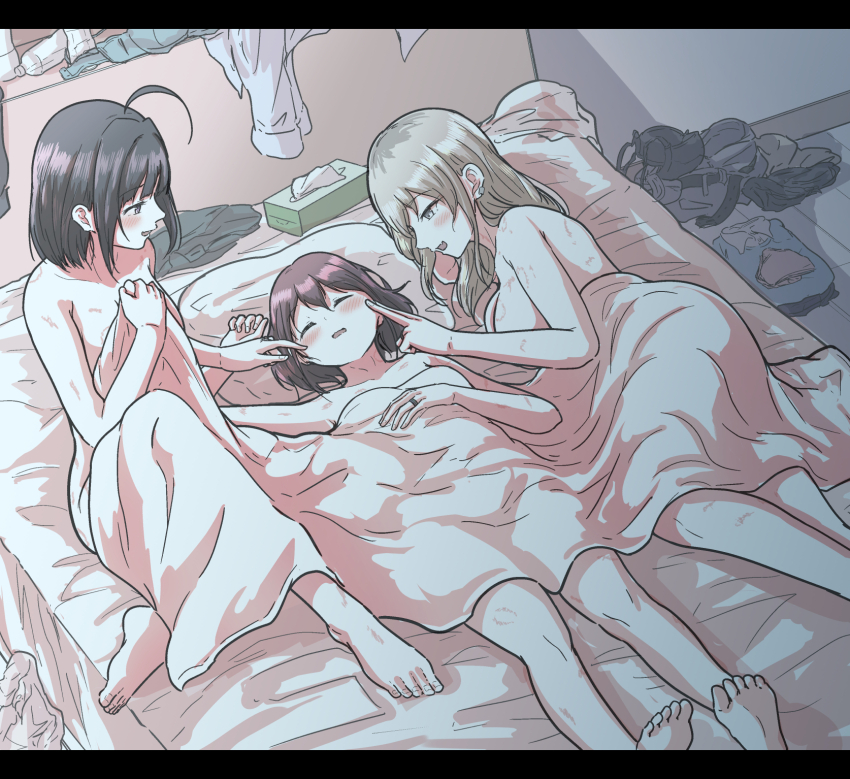 3girls 5tb aftersex ahoge awa_subaru bed belt bite_mark bite_mark_on_arm bite_mark_on_breast bite_mark_on_leg bite_mark_on_shoulder black_belt black_hair blush bra breasts brown_hair cheek_poking closed_eyes commentary completely_nude cuddling earclip english_commentary fang female_focus girls_band_cry grey_eyes grey_hair hair_down highres iseri_nina jewelry kawaragi_momoka long_hair lying medium_breasts multicolored_hair multiple_girls nude official_alternate_hair_length official_alternate_hairstyle open_mouth panties pants poking polyamory polygamy purple_eyes ring roots_(hair) sandwiched shirt short_hair sidelocks sitting sleeping small_breasts tissue_box under_covers underwear unworn_bra unworn_panties unworn_pants unworn_shirt wedding_ring wife_and_wife_and_wife yuri