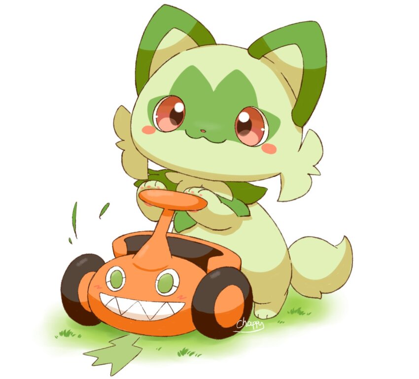 blush blush_stickers closed_mouth gen_4_pokemon grass green_eyes grin highres mimix nintendo no_humans outdoors pawpads pink_eyes pokemon pokemon_(creature) rotom rotom_(mow) smile sprigatito