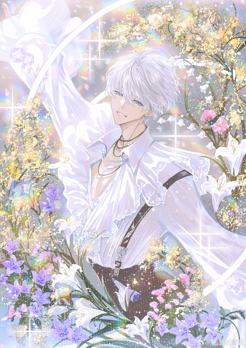 1boy absurdres bellflower black_pants blue_eyes chinese_bellflower chinese_commentary collared_shirt flower flower_ornament frilled_shirt frilled_sleeves frills hair_between_eyes high-waist_pants highres jewelry light_particles lily_(flower) lily_of_the_valley long_sleeves looking_at_viewer looking_to_the_side love_and_deepspace male_focus necklace open_collar outstretched_arms pants parted_lips pink_flower puffy_long_sleeves puffy_sleeves purple_flower rainbow shirt short_hair smile snow234 solo sparkle spread_arms suspenders tassel upper_body watermark weibo_watermark white_flower white_hair white_lily white_shirt xavier_(love_and_deepspace) yellow_flower
