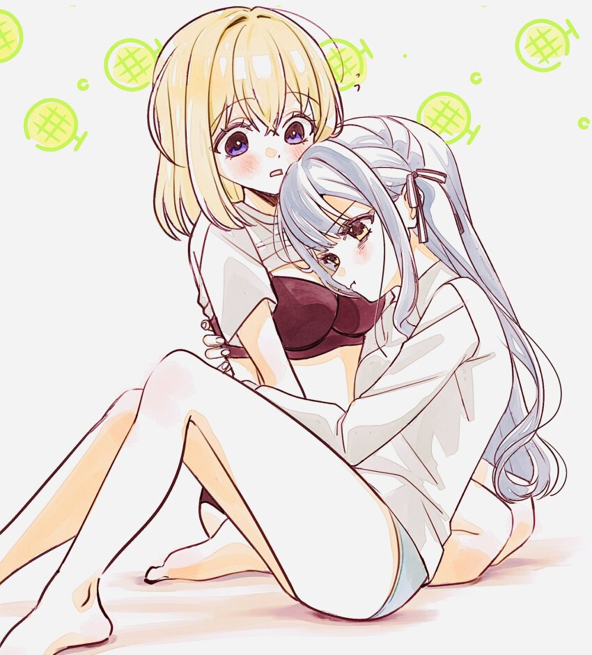 2girls bang_dream! bang_dream!_it&#039;s_mygo!!!!! barefoot black_ribbon blonde_hair blue_hair blue_panties blush bra ccc_cloudy closed_mouth clothes_lift food fruit hair_ribbon highres hug long_hair long_sleeves melon misumi_uika multiple_girls panties parted_lips purple_eyes red_bra ribbon shirt shirt_lift short_sleeves togawa_sakiko two_side_up underwear white_background white_shirt yellow_eyes yuri